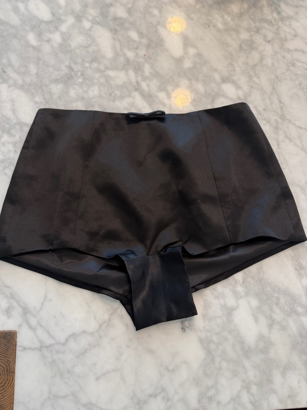 High-Waist Black Satin Women’s Shorts with Bow Detail